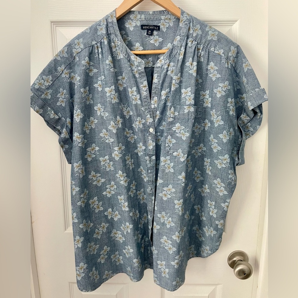 J. Crew Mercantile, short sleeve floral printed denim button up shirt, size 2X